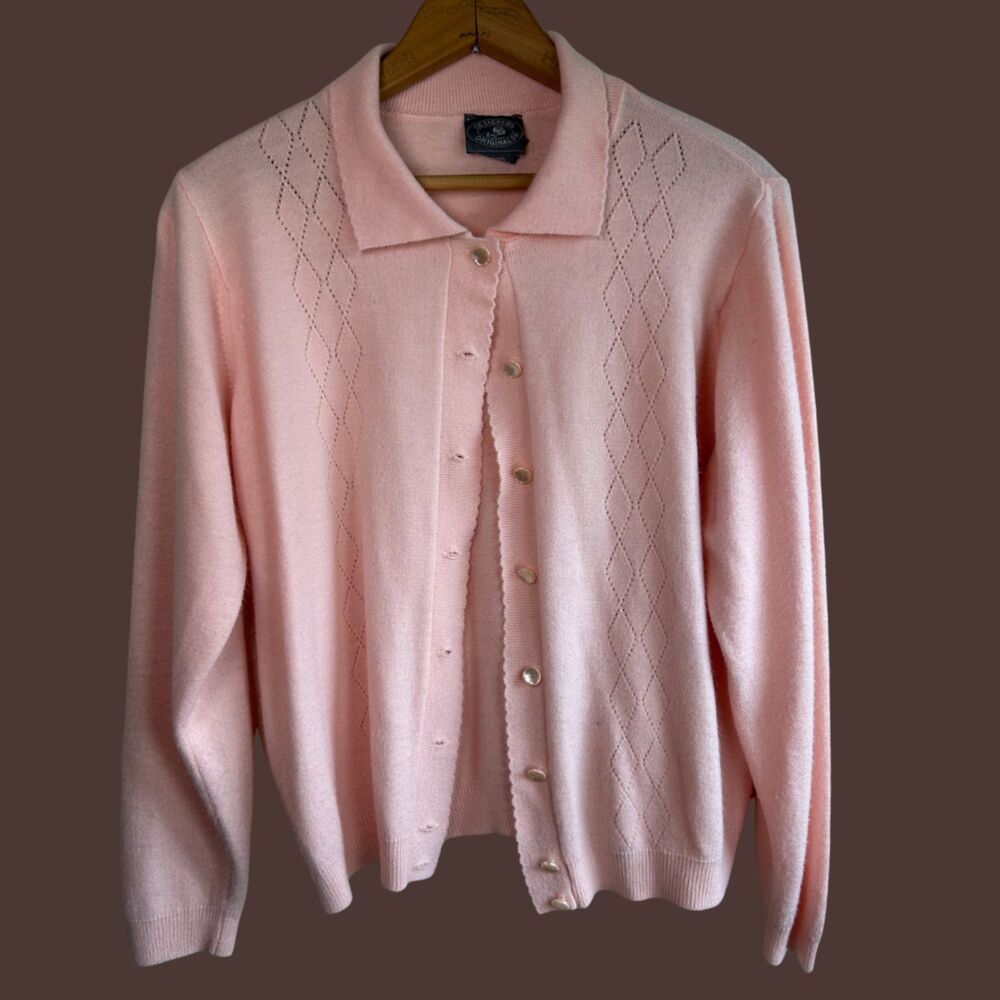 Vintage 1970s 1980s Designers Originals Collared Argyle Pattern Cardigan